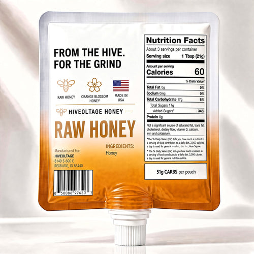 Raw Honey pouch — back, ingredient panel