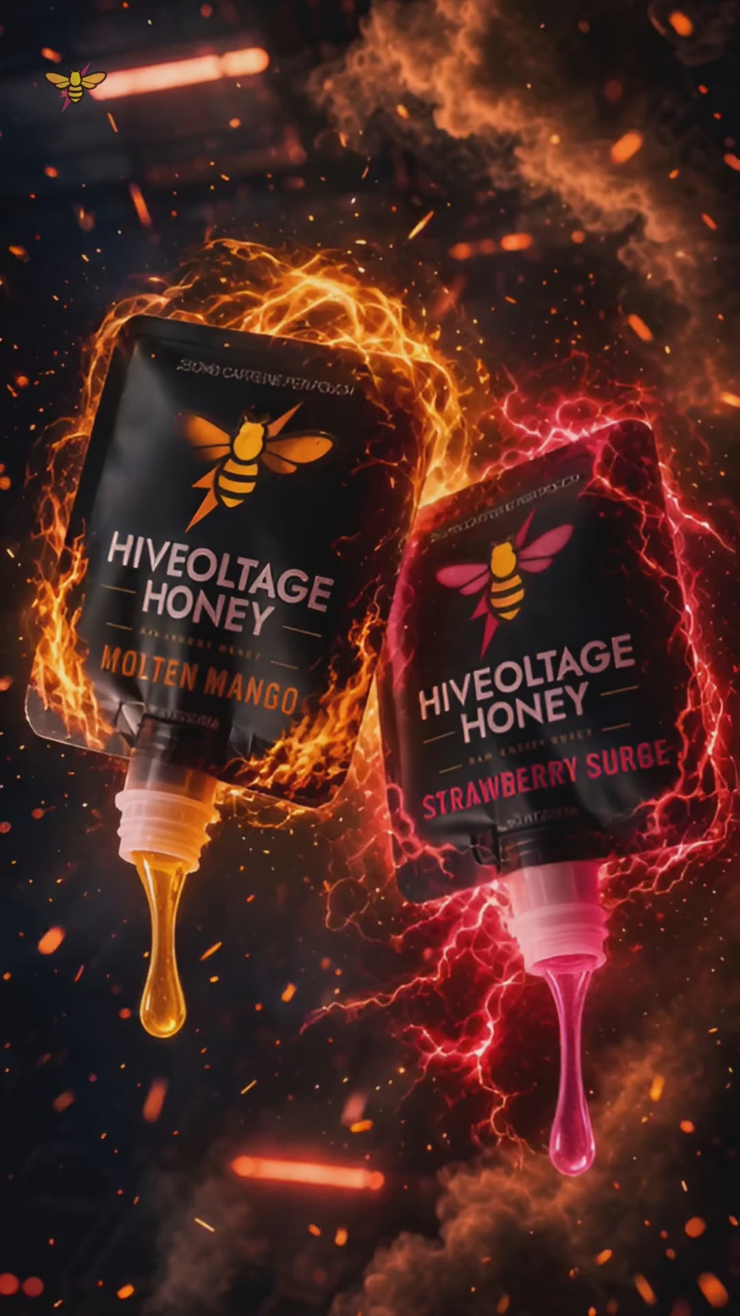 HIVEOLTAGE Molten Mango and Strawberry Surge caffeinated honey pouches demo video